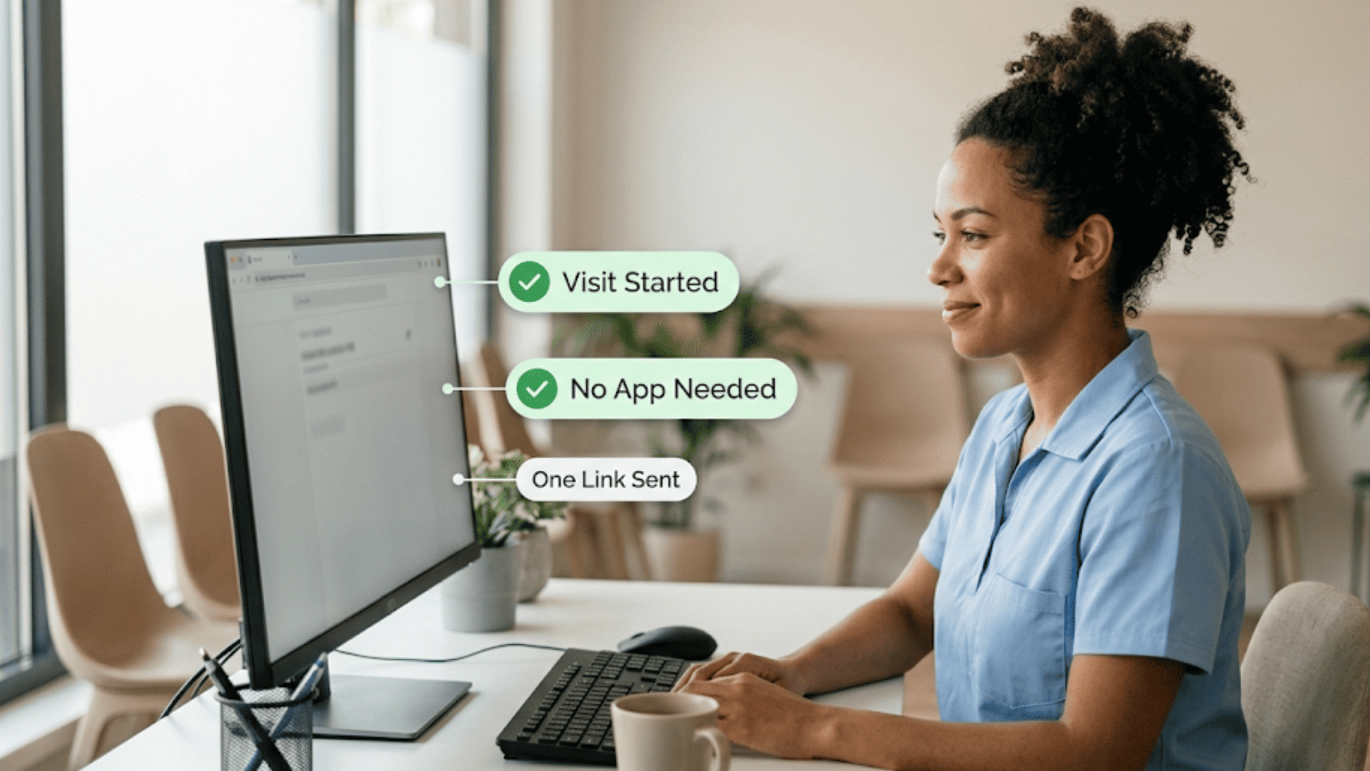 Front-desk healthcare staff calmly managing a one-link telehealth visit at reception