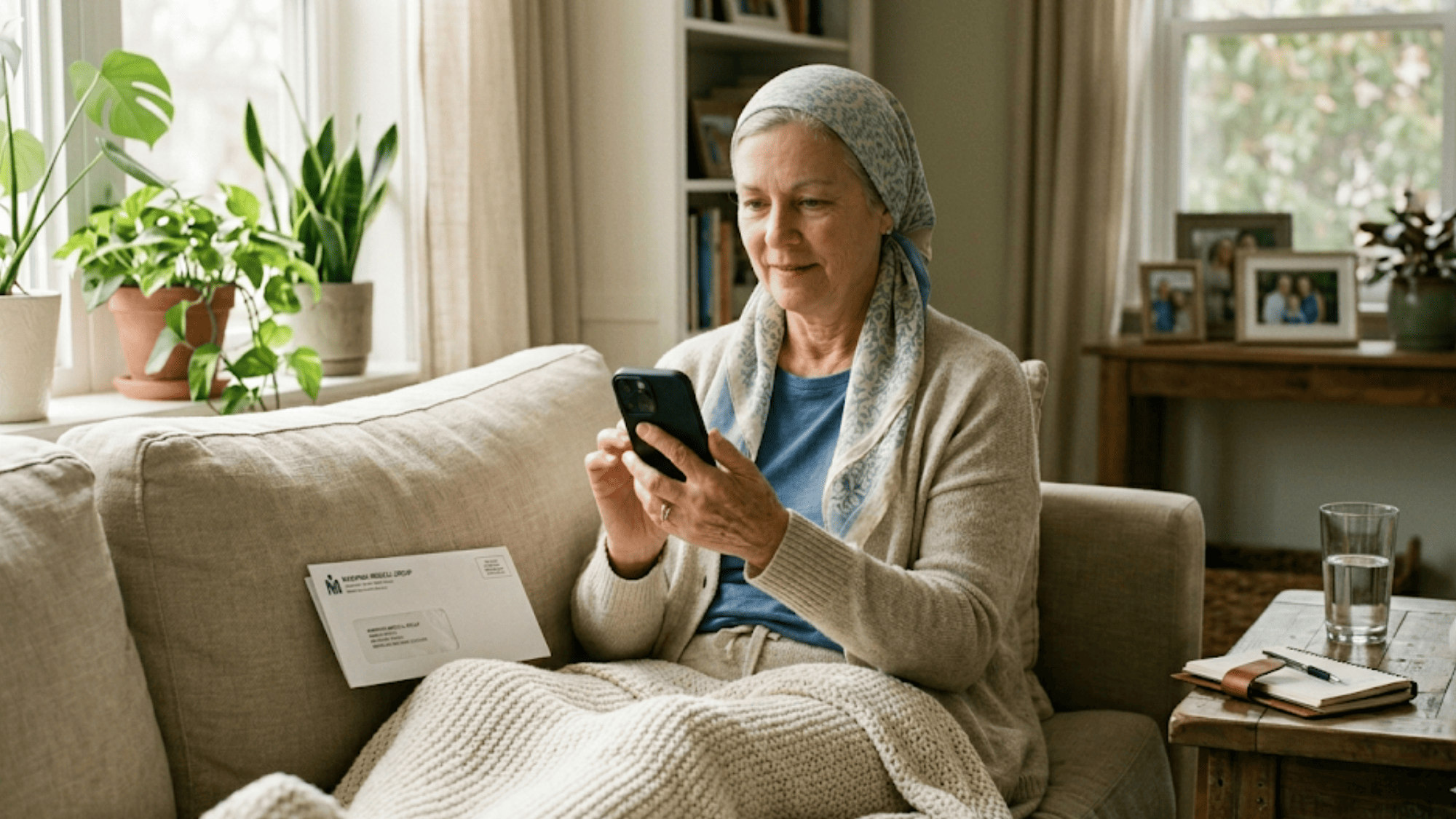 Oncology patient relaxing on couch paying medical bill on smartphone with unopened paper statement set aside next to her