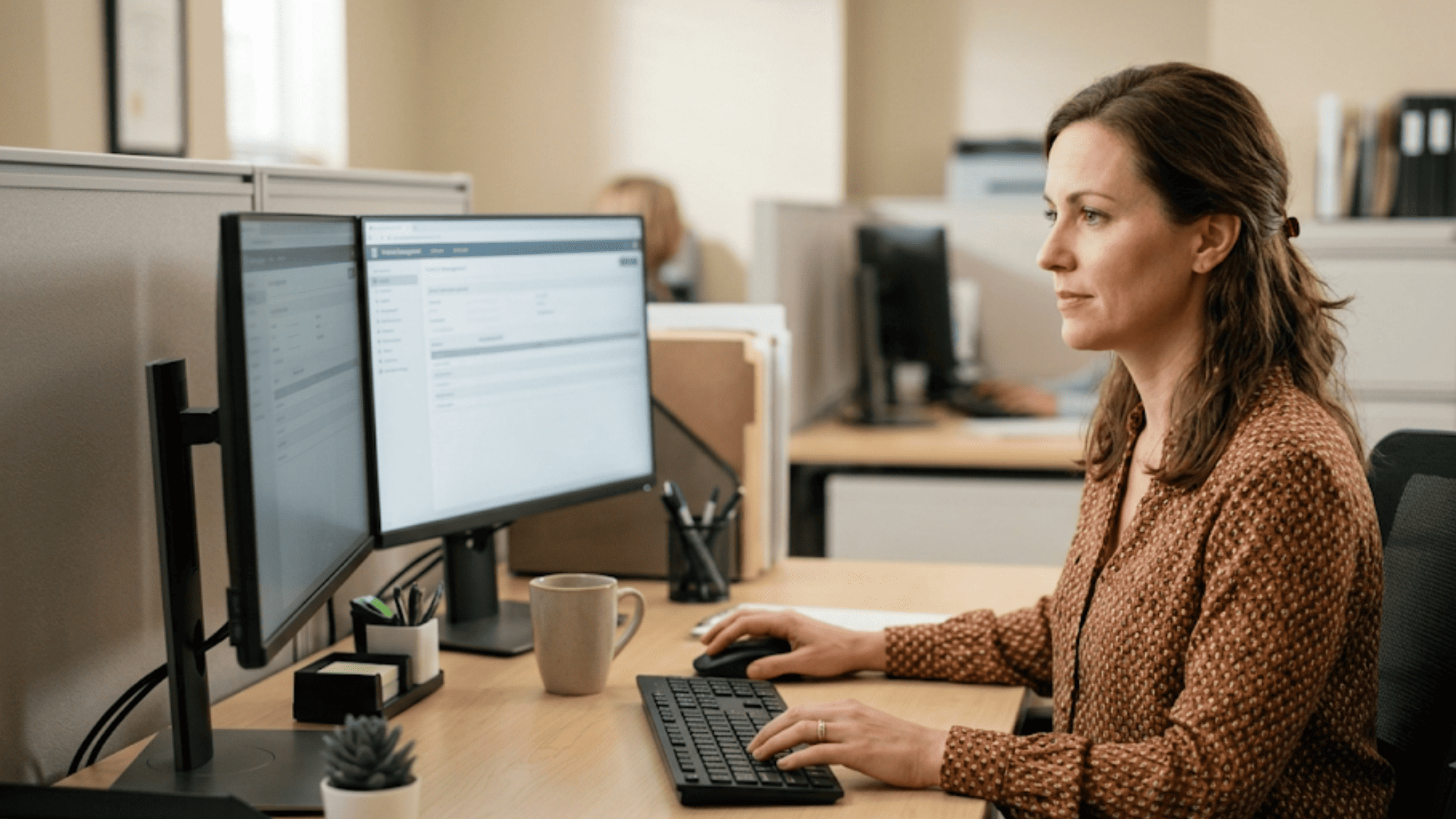 Medical office staff handling Lytec text billing at a desk free of paper statements and envelopes