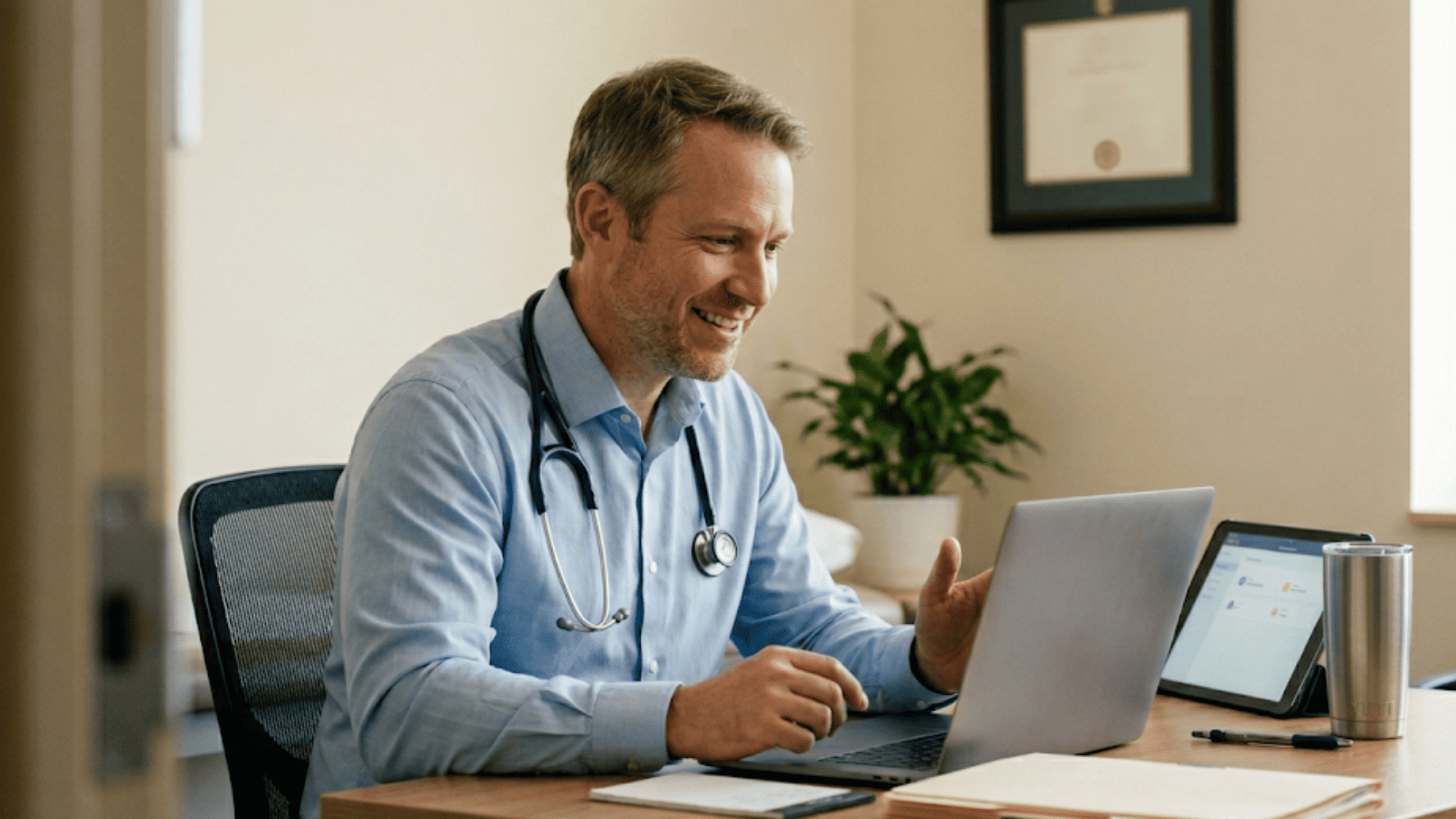 Physician conducting a virtual visit on a laptop inside a small exam room