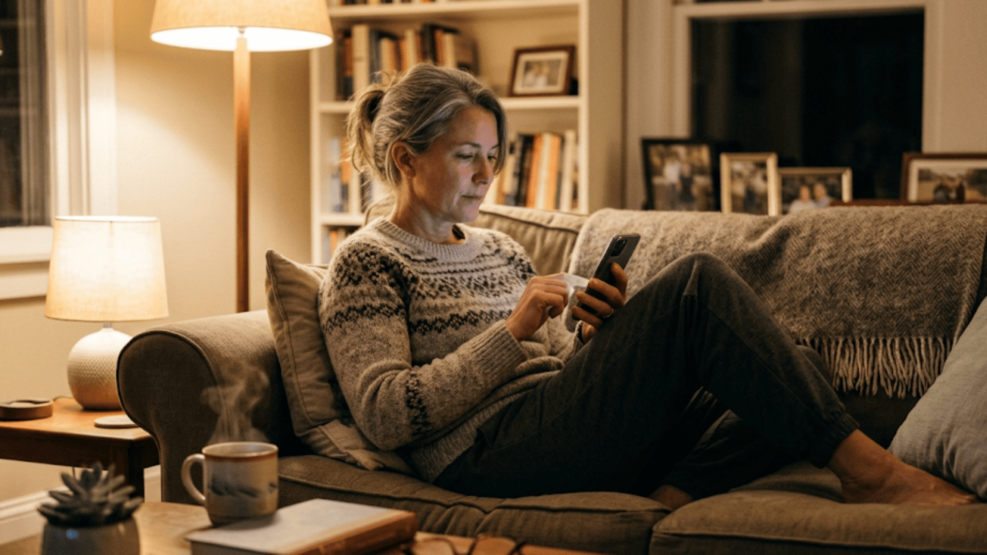 Person relaxing on a couch filling out digital patient intake forms on a smartphone
