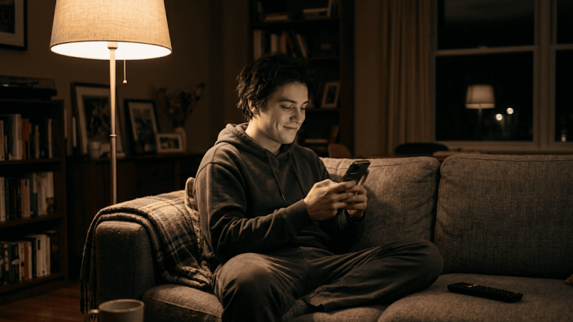 Relaxed person checking a text reply from their doctor's office on their phone at home