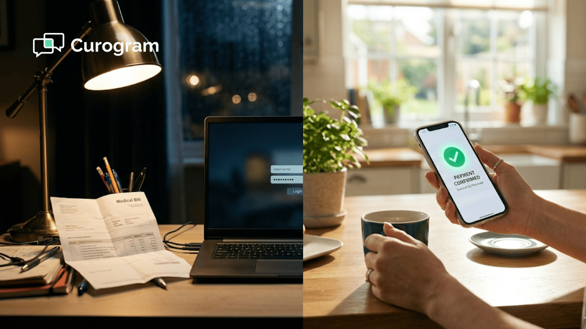Split scene comparing an ignored paper medical bill on a desk at night versus a completed mobile payment on a phone in daylight