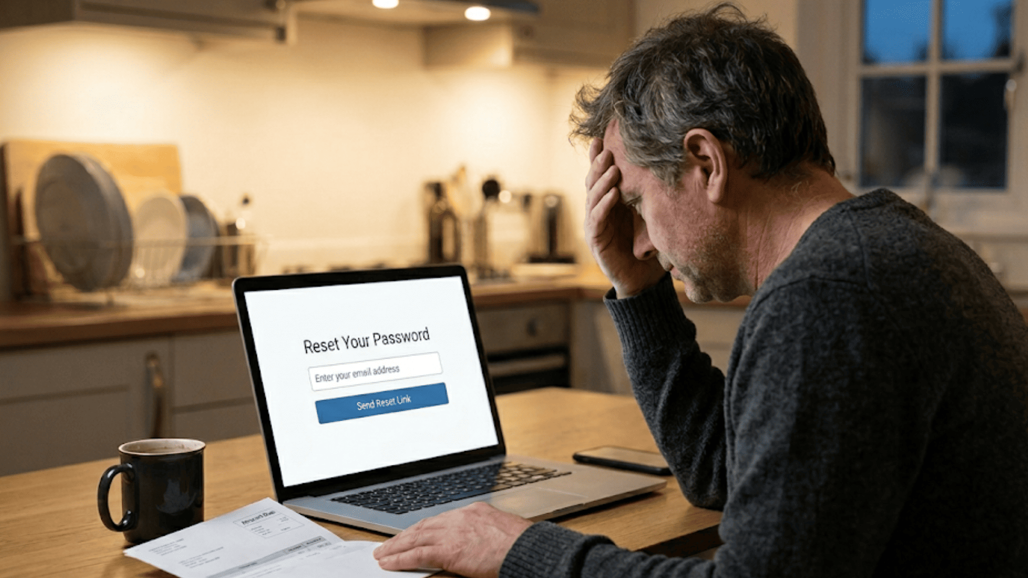 Frustrated man at kitchen table staring at a patient portal password reset screen next to an unopened medical bill