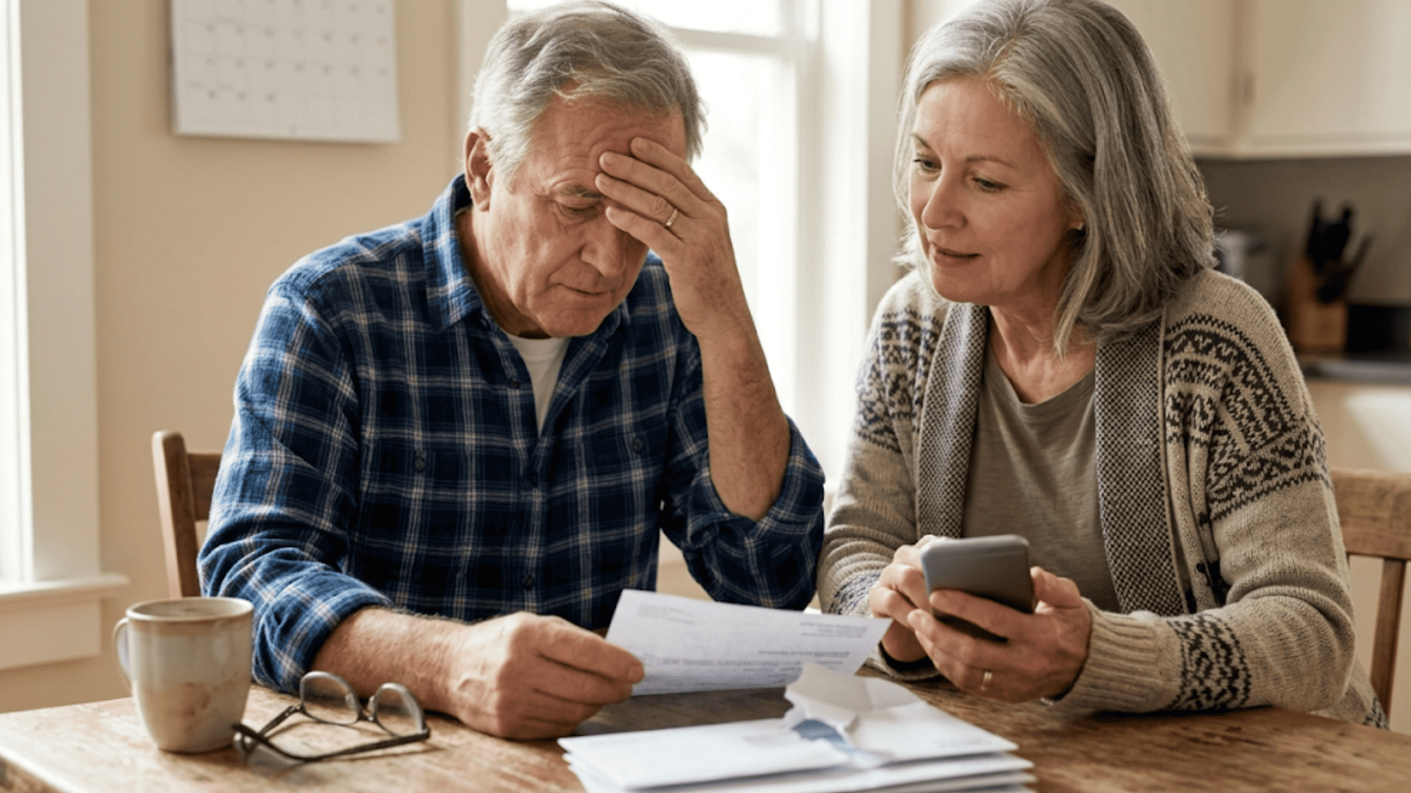 Older couple at kitchen table frustrated by stack of unopened paper medical bills