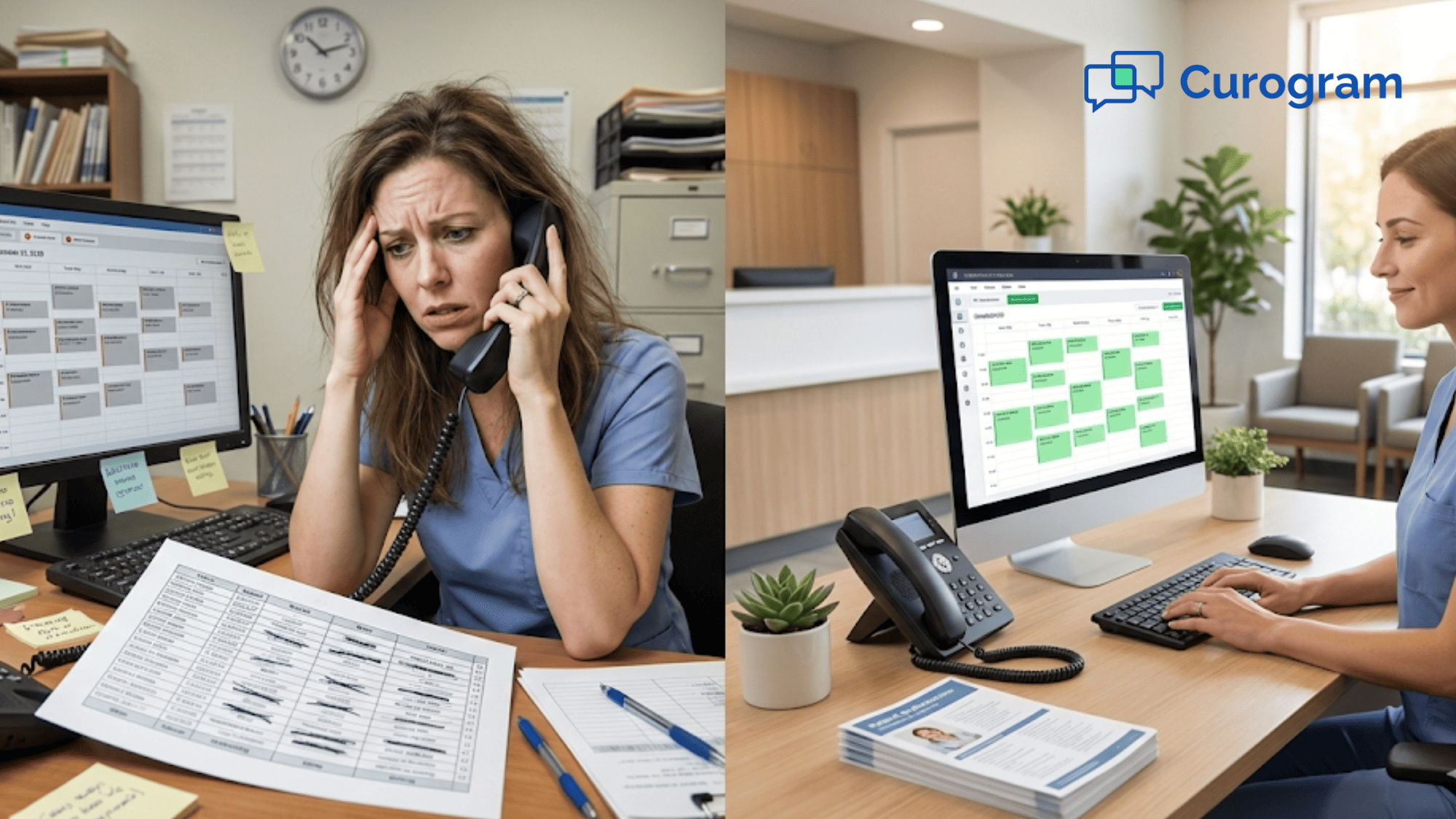 Stressed front desk staff making calls vs calm staff with confirmed schedule using automated reminders