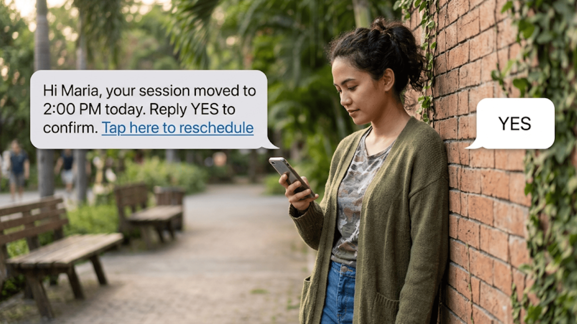 Client replying YES to a SmartCare EHR appointment reminder using direct text messaging on their phone