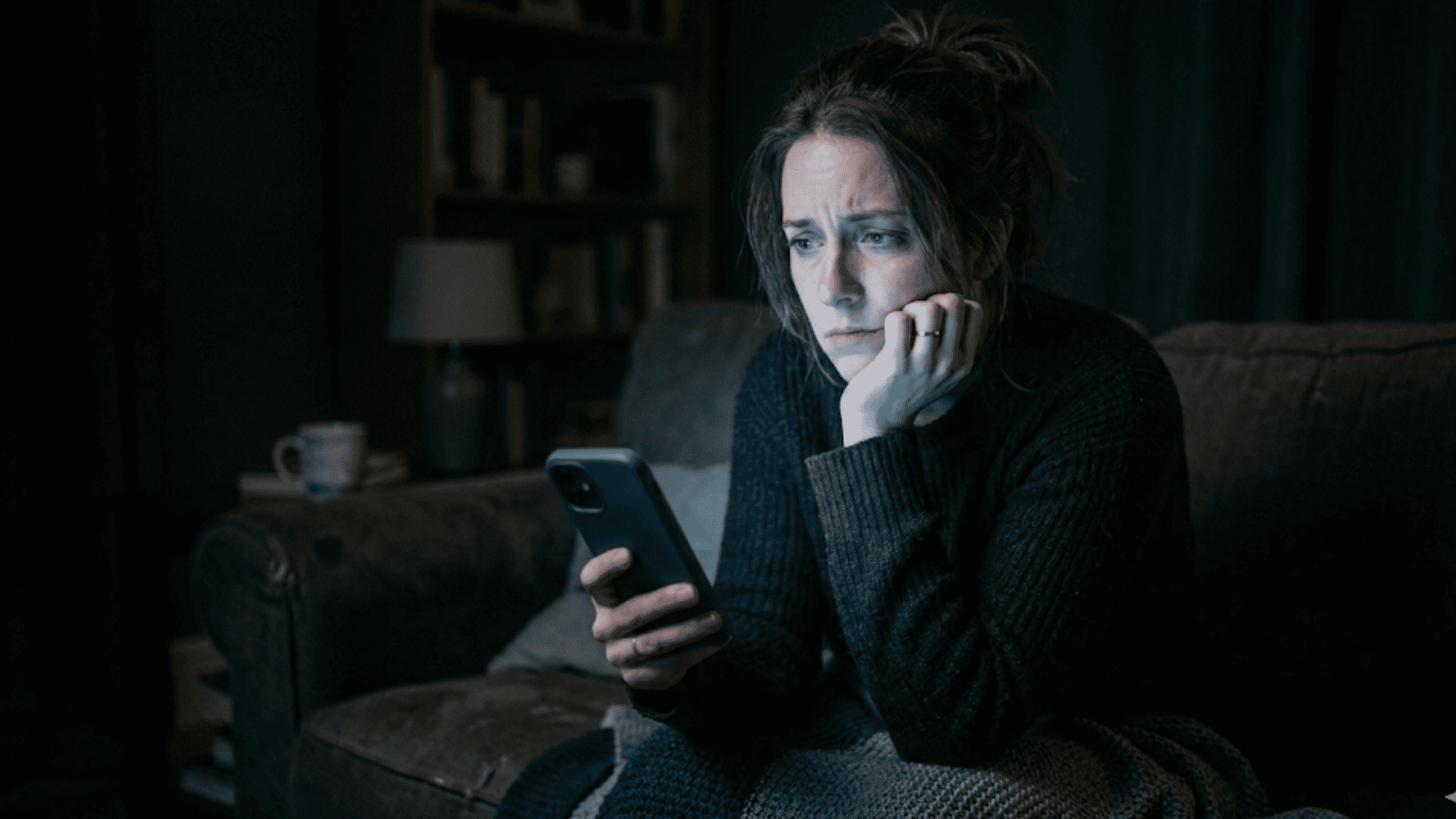 Hesitant person in a dim room holding a glowing phone