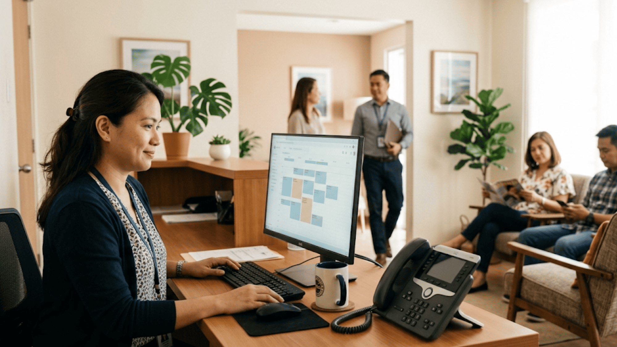 Calm behavioral health front desk staffer at a computer