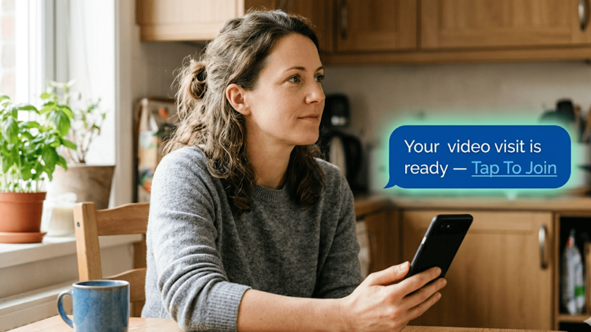 Patient receiving a one-tap SmartCare EHR telehealth link to start a behavioral health video visit without an app