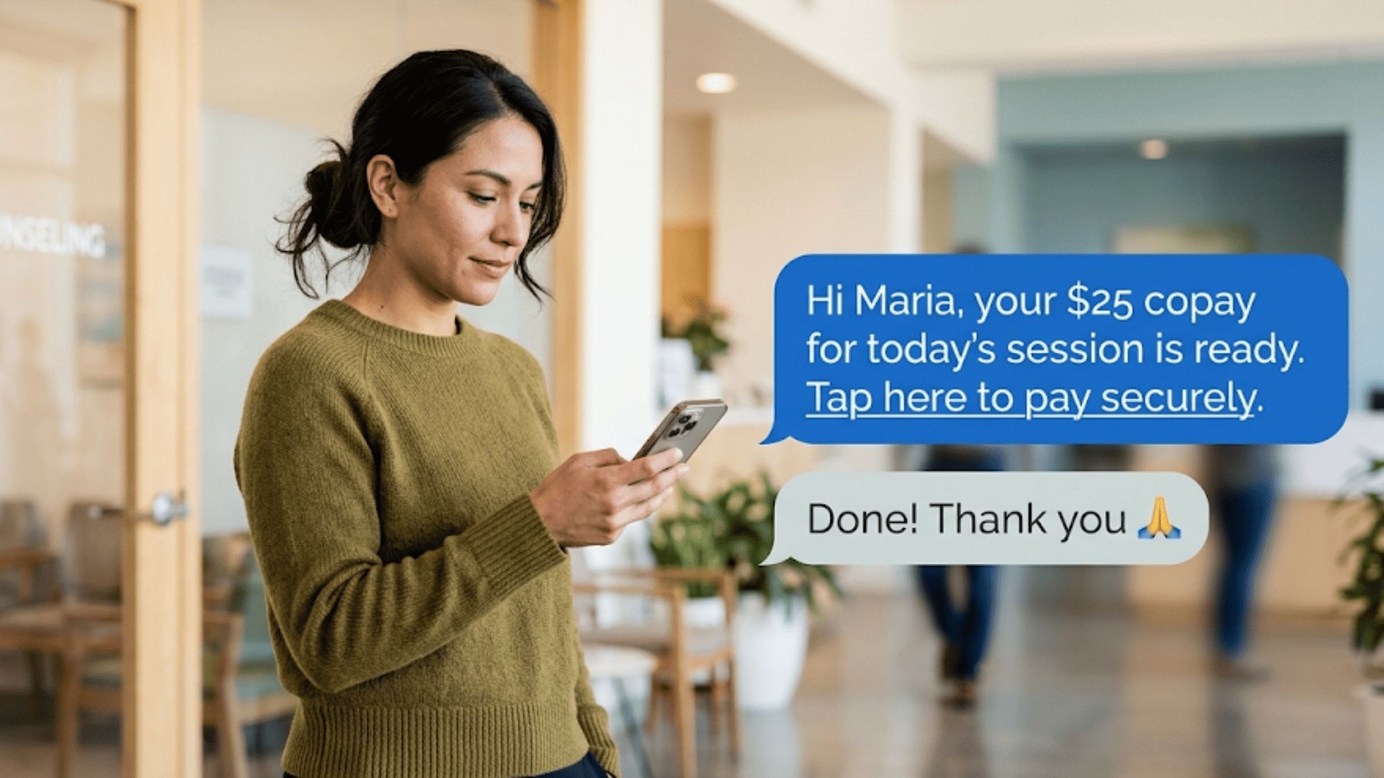 Client reading a text-to-pay copay message with a secure payment link outside a counseling office