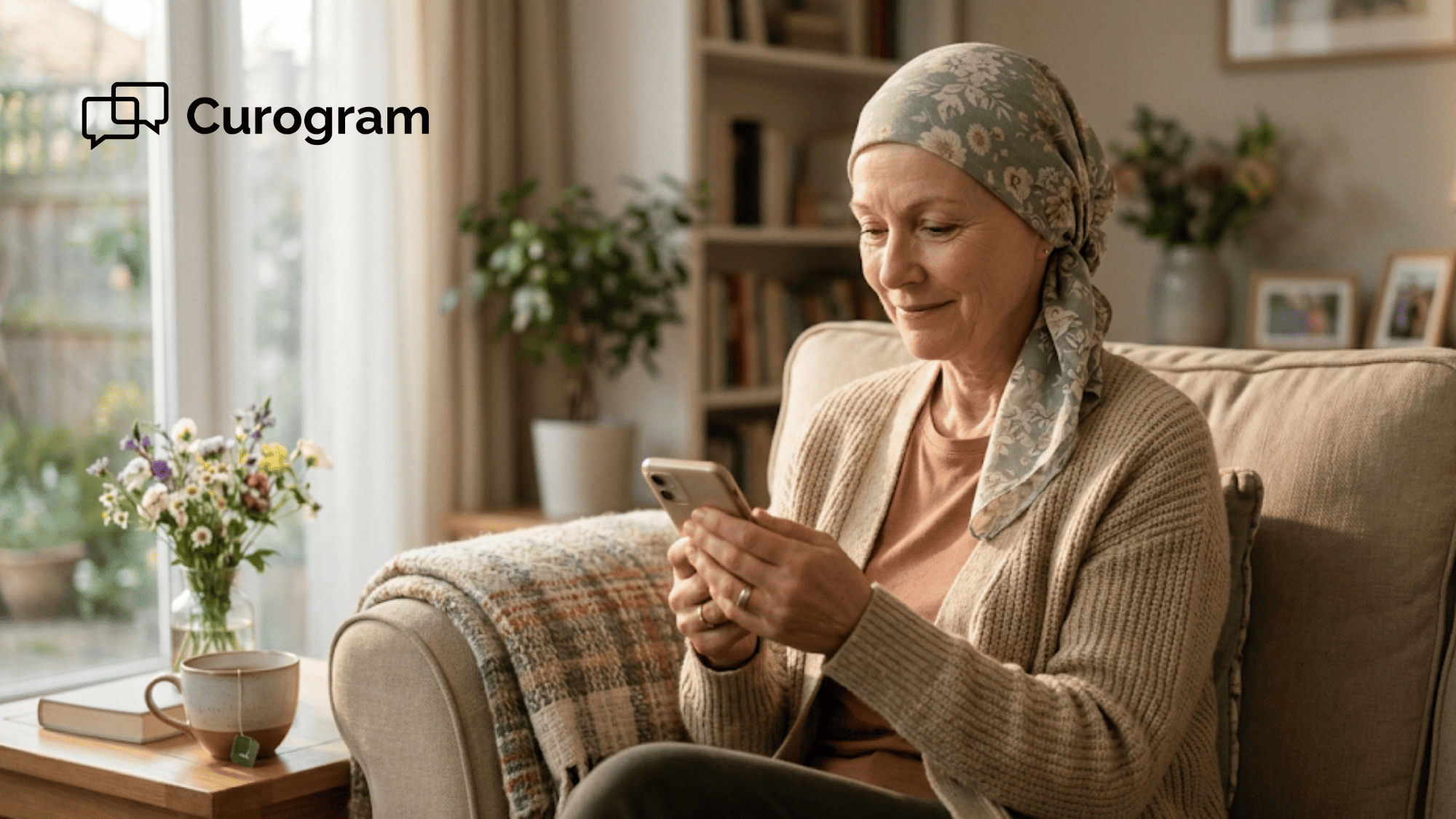 Cancer patient at home calmly reading an oncology appointment reminder text on her smartphone