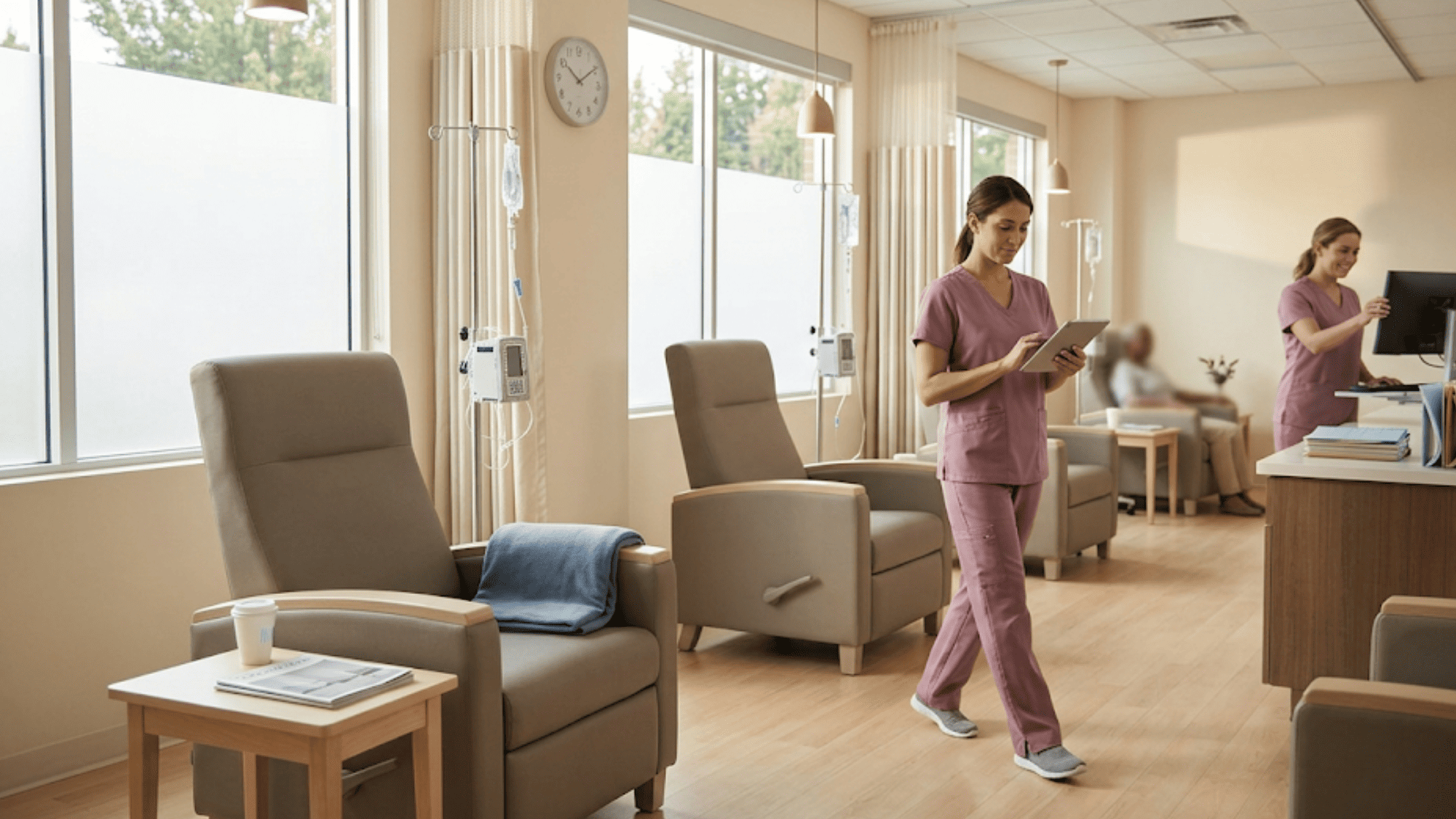 Calm oncology infusion suite prepped for confirmed patients with nurses reviewing tablets in soft morning light