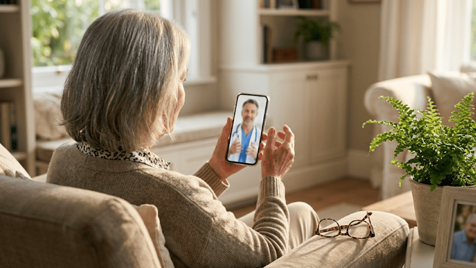 Elderly patient joining MedStreaming OBL telehealth setup staff workflow virtual consultation via SMS-launched video call at home