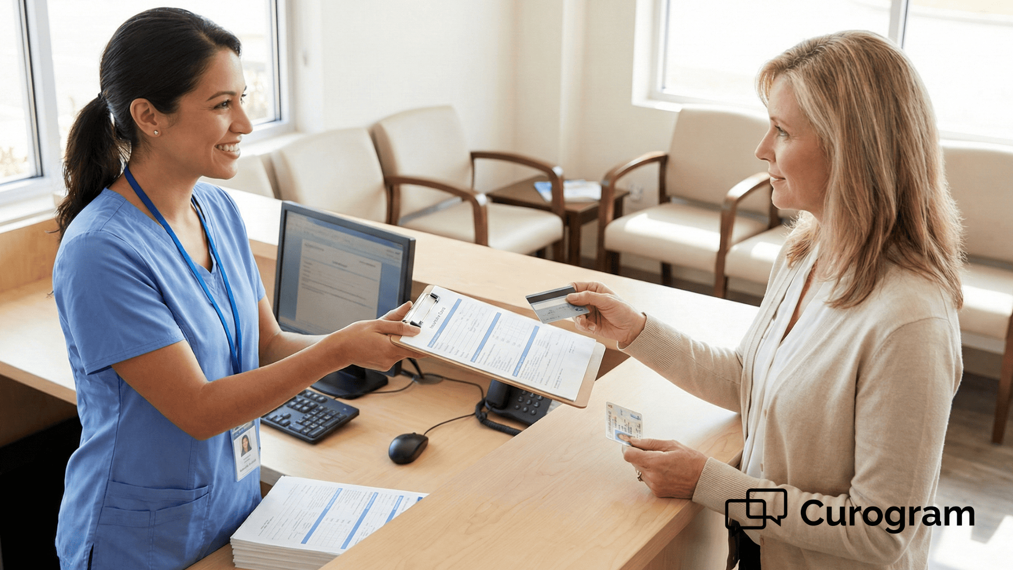 Prepared patient handing insurance card to front desk staff at a medical office check-in