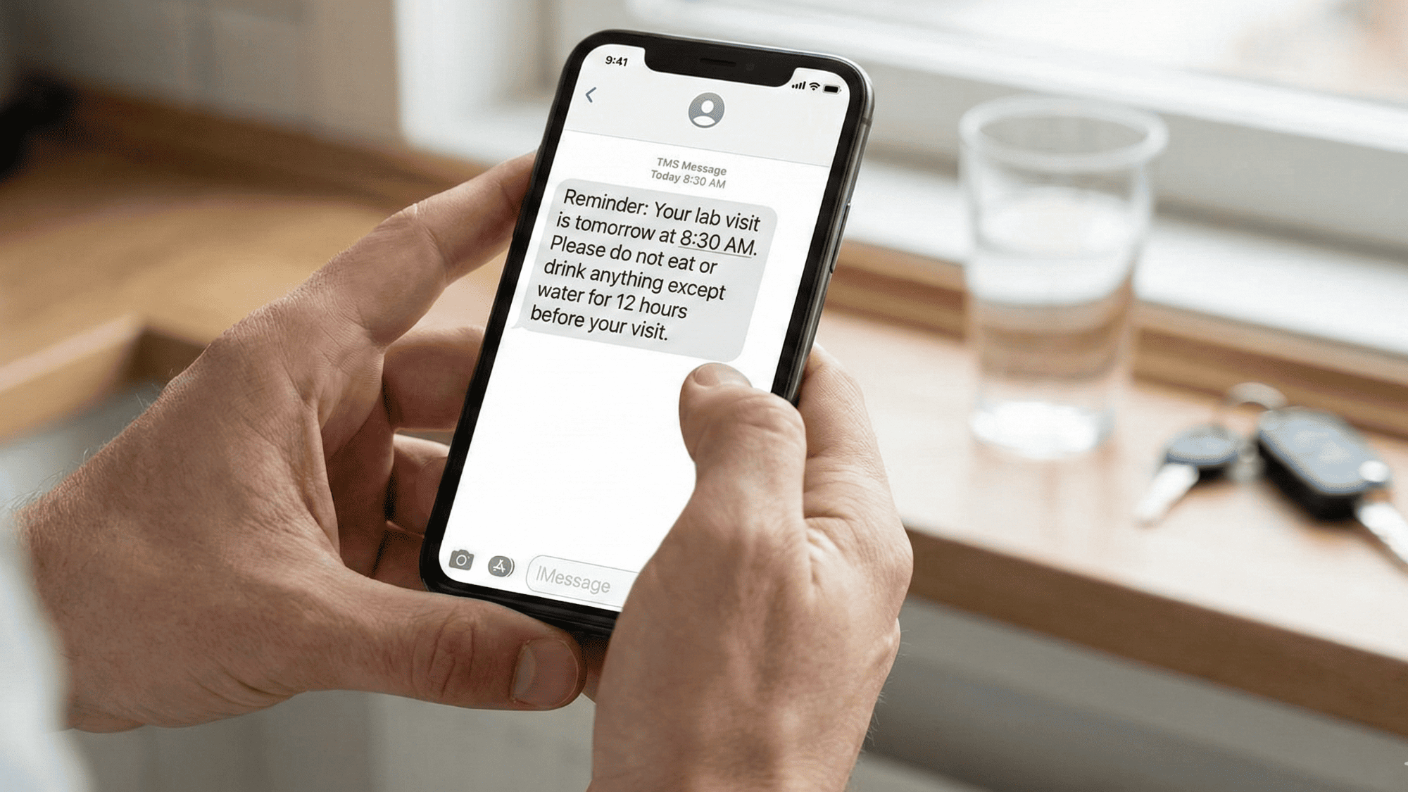 Patient holding a smartphone displaying a custom appointment reminder with fasting instructions