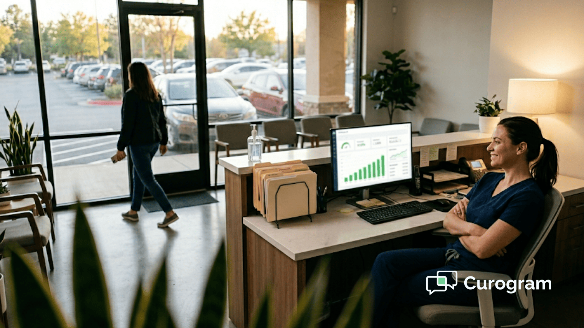 Medical practice front desk staff viewing positive review dashboard on computer after a full day of automated patient outreach