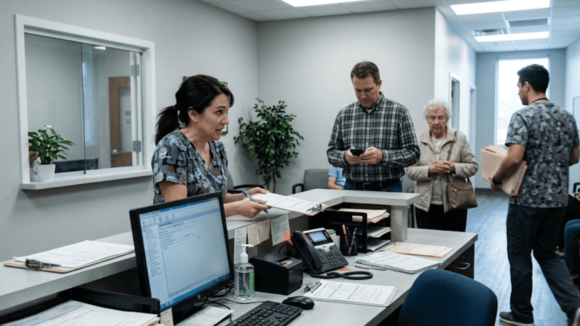 Busy medical clinic front desk staff juggling phone calls and patient check-ins with no time to ask for reviews