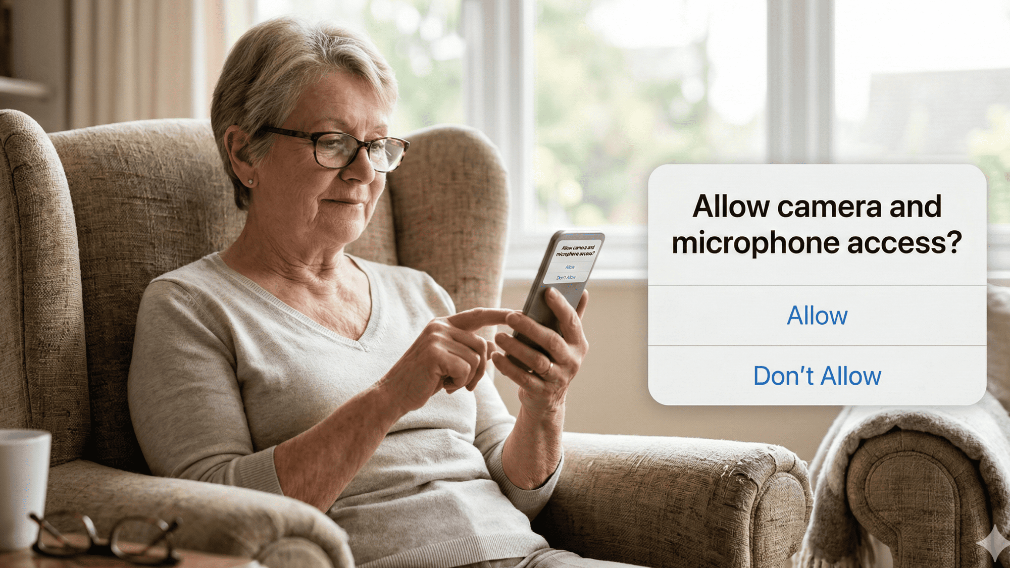 Elderly patient tapping allow on a browser camera prompt to join a telemedicine video visit from home