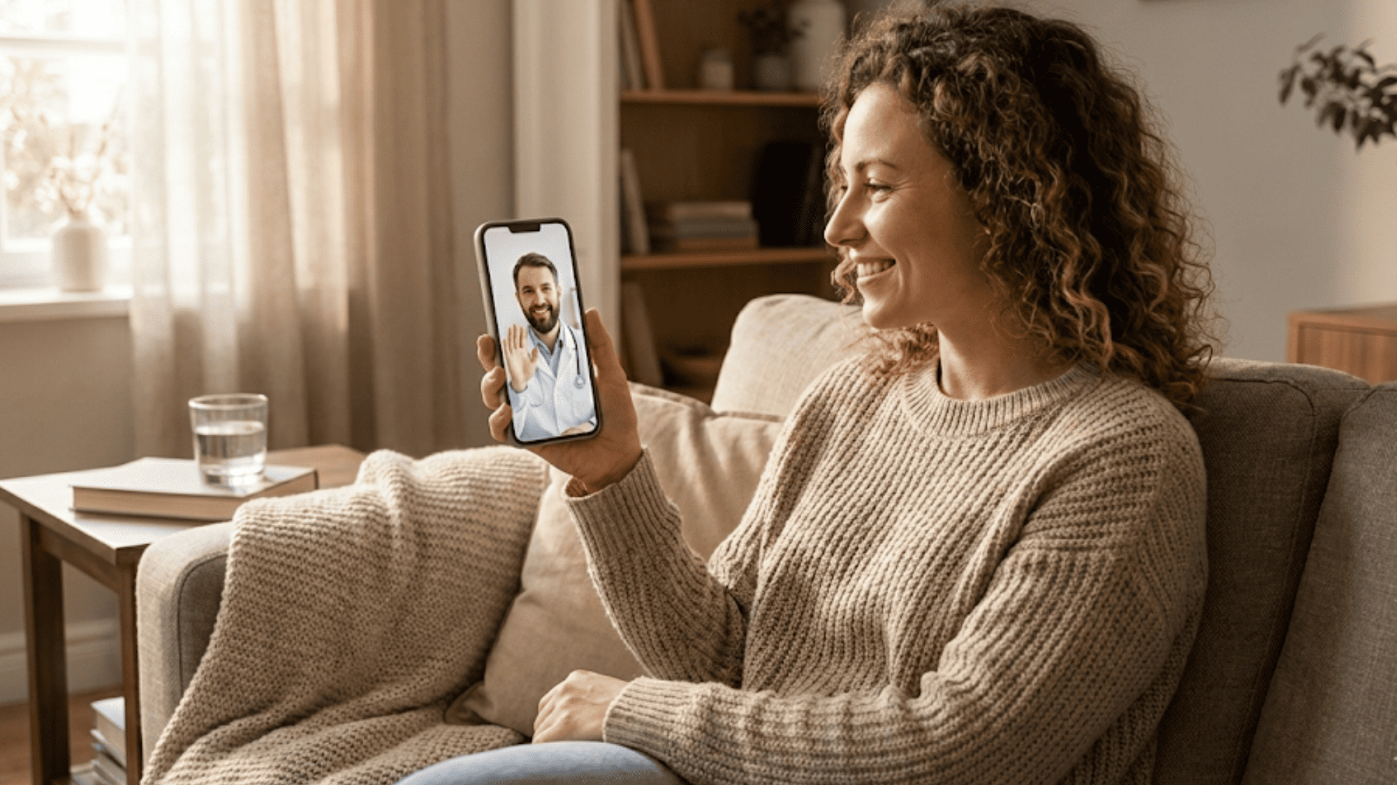 Woman on her couch joining a telehealth video visit with her doctor on a smartphone