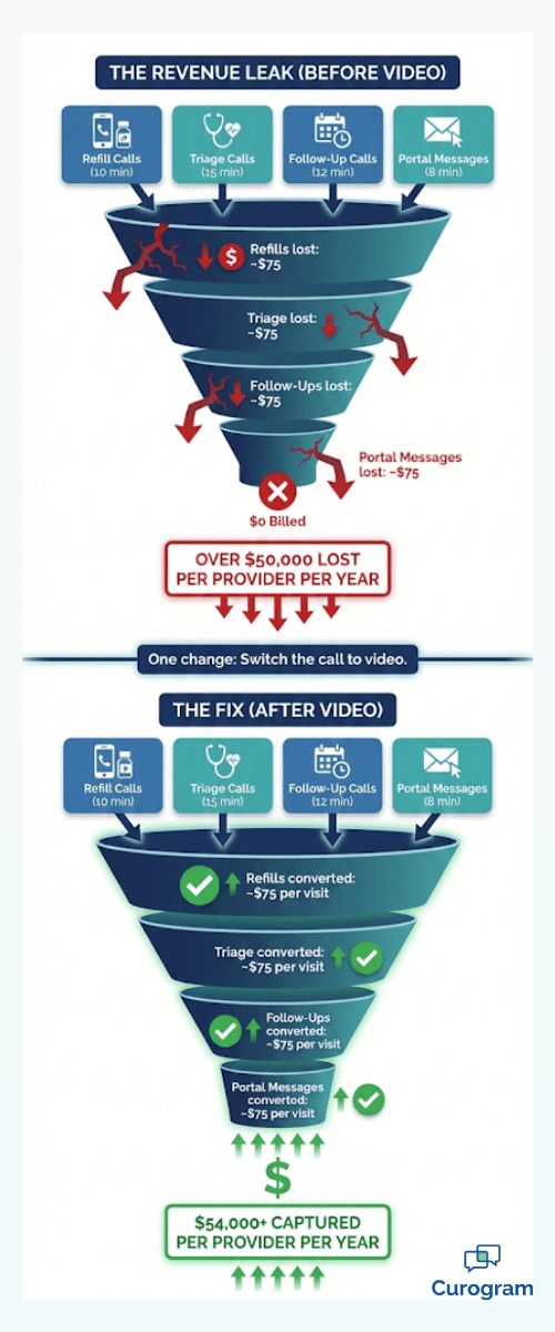 Two-funnel infographic comparing lost revenue from free phone advice to recovered telehealth billing for CollaborateMD practices