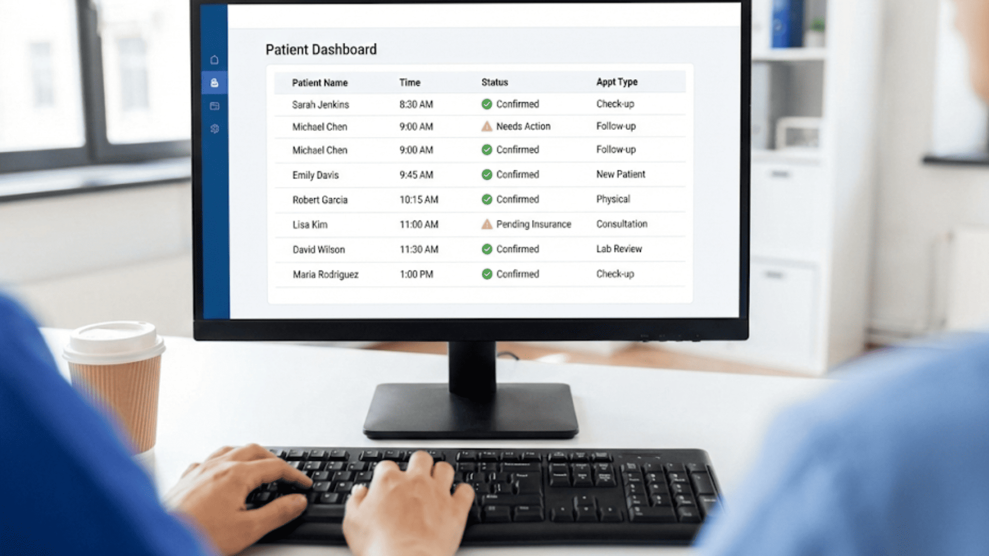 Medical office computer screen showing patient confirmation dashboard with color coded status alerts