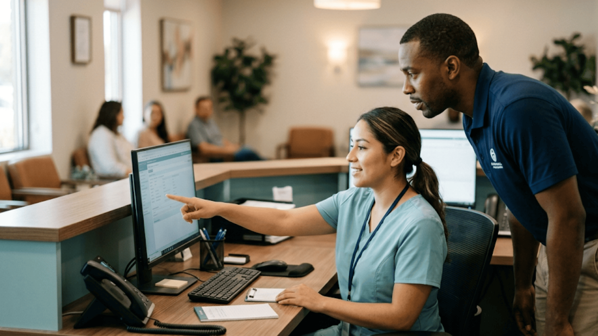 Two front desk staff collaborating at one screen while handing off a patient conversation in a shared inbox