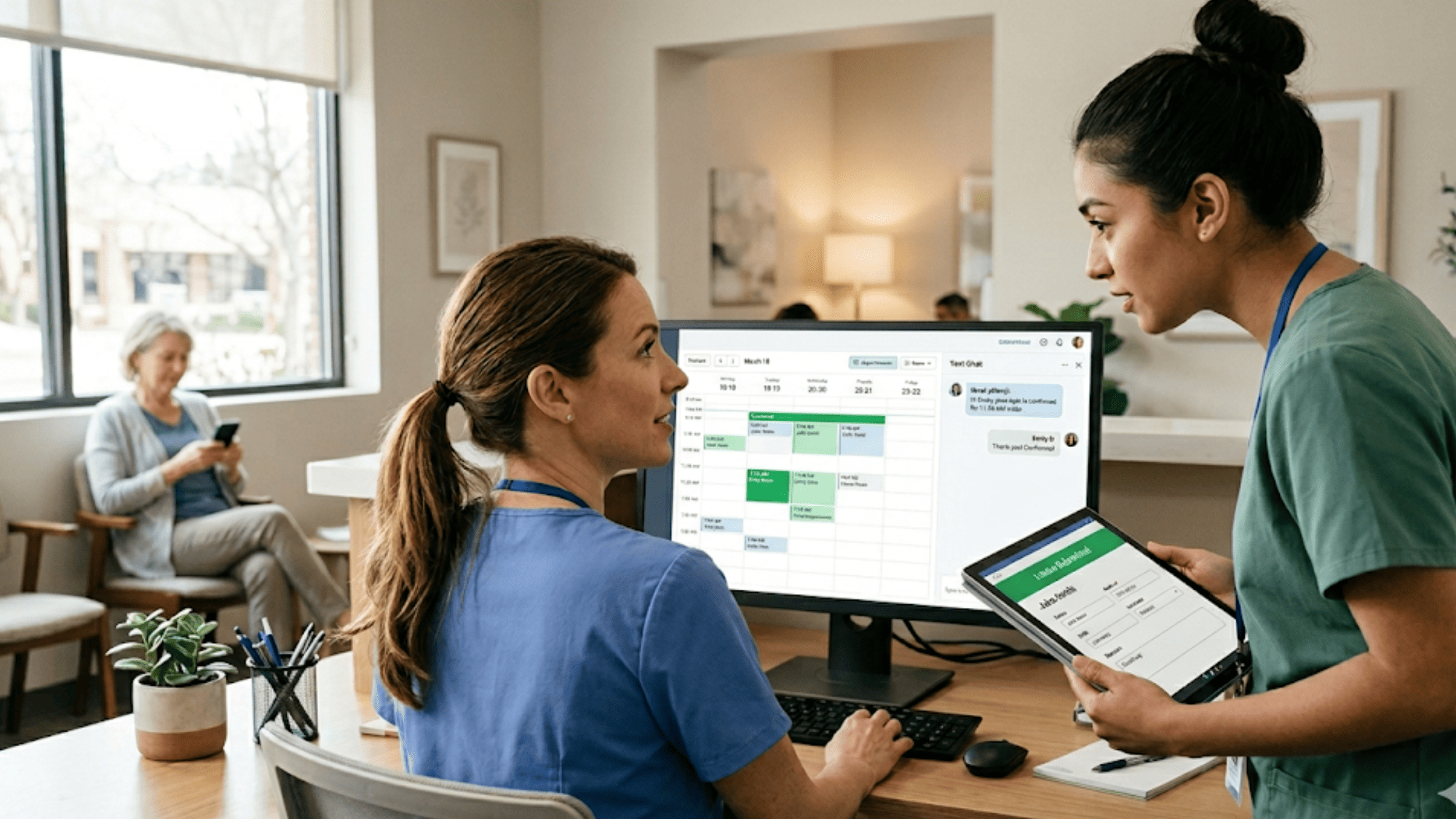 Two healthcare office workers collaborating at a  workstation displaying automated confirmations and a two-way texting panel