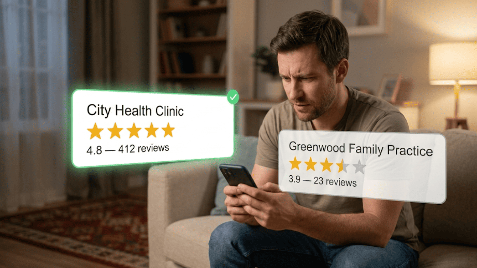 Person on couch comparing two Google review profiles on phone choosing the practice with more reviews
