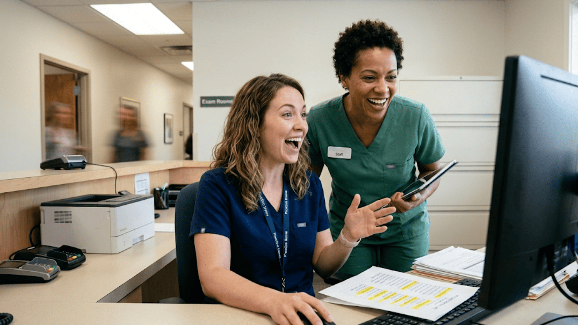 Two medical office staff members smiling at a computer screen as patient recall campaign responses come in after a broadcast text