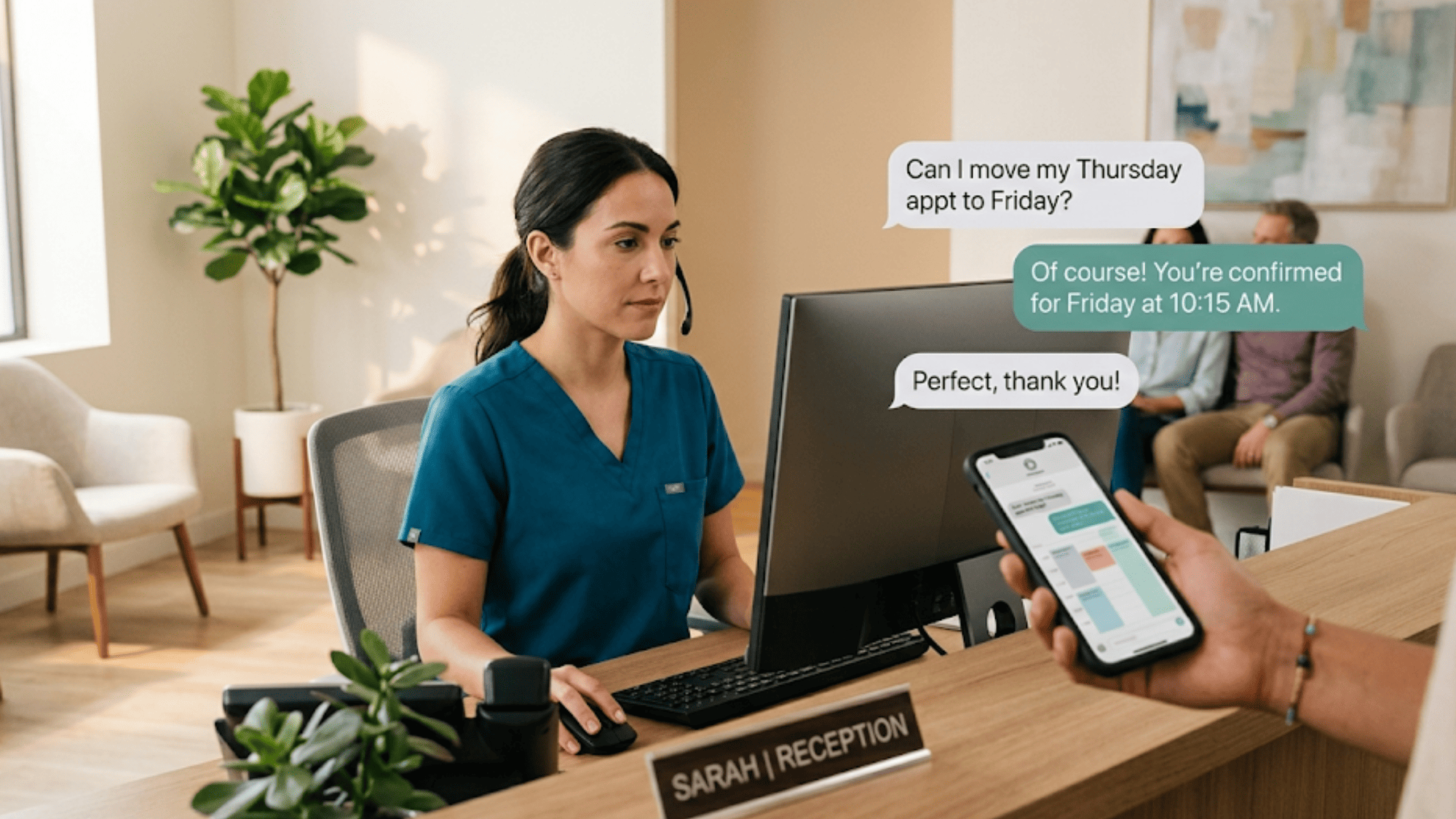 Front desk staff responding to a patient text message from her computer while the patient texts from a smartphone