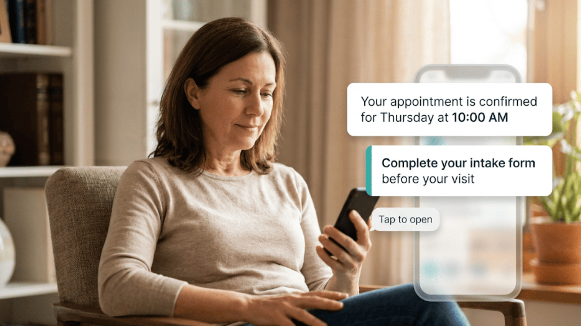 Woman at home completing a patient intake form on her phone after receiving a text message with floating SMS bubbles showing the appointment confirmation and form link