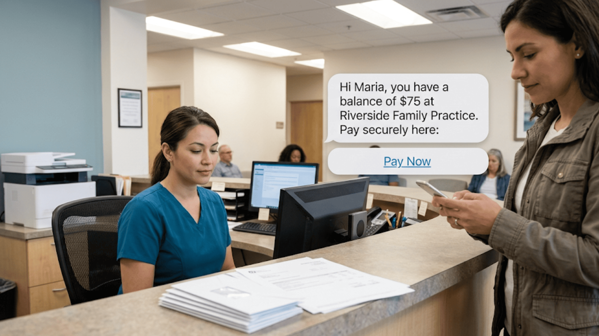 Patient receiving SMS payment link on phone in medical office waiting area while front desk staff works at computer