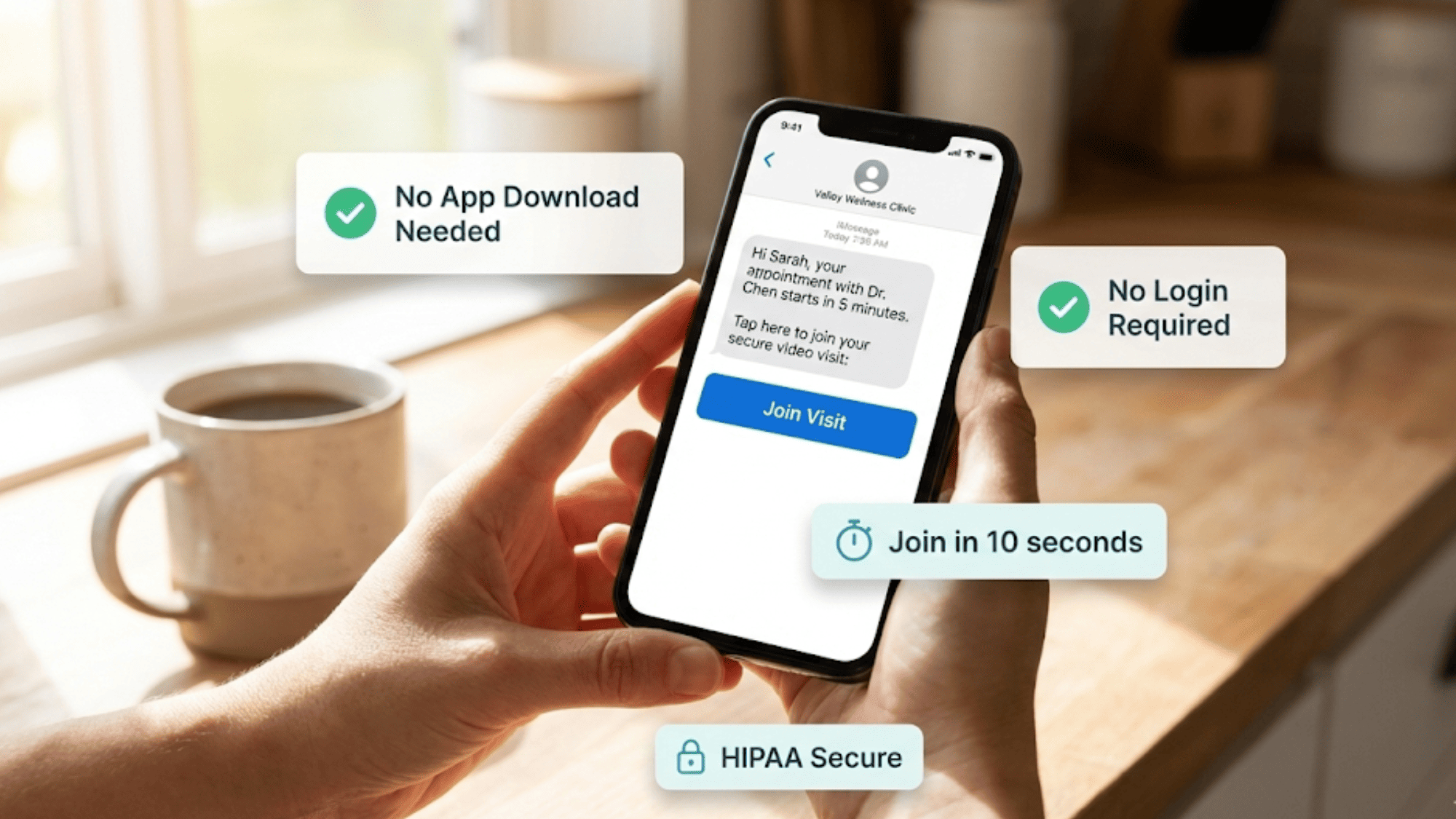 Mobile phone showing secure telehealth appointment text with floating UI elements highlighting one-click video entry