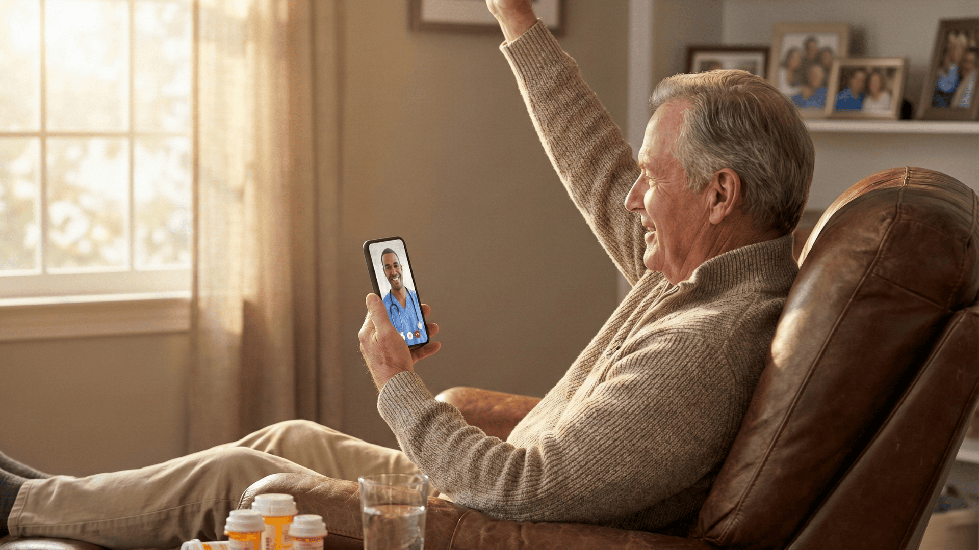 Elderly patient using smartphone for orthopedic virtual follow-up from home