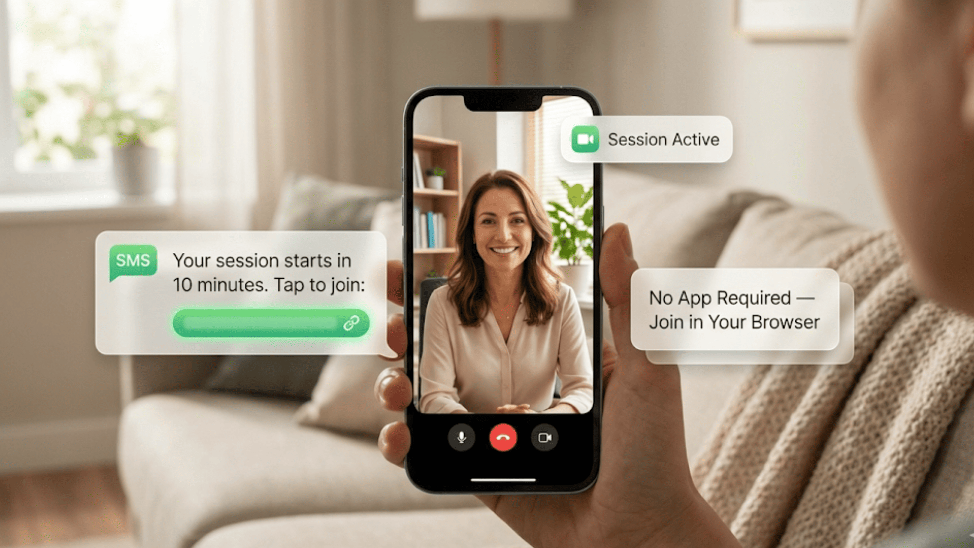Mobile phone displaying no-app behavioral health video call with floating text message reminder to join session