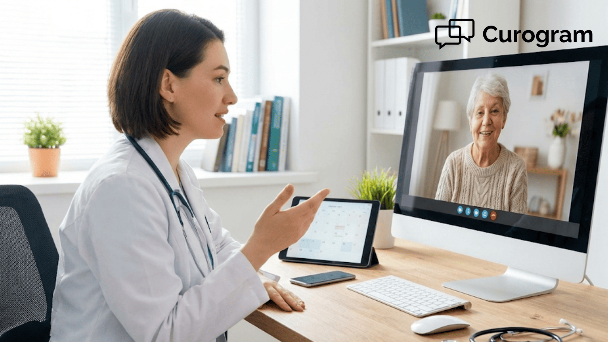 Healthcare provider conducting telehealth video visit with patient on computer monitor