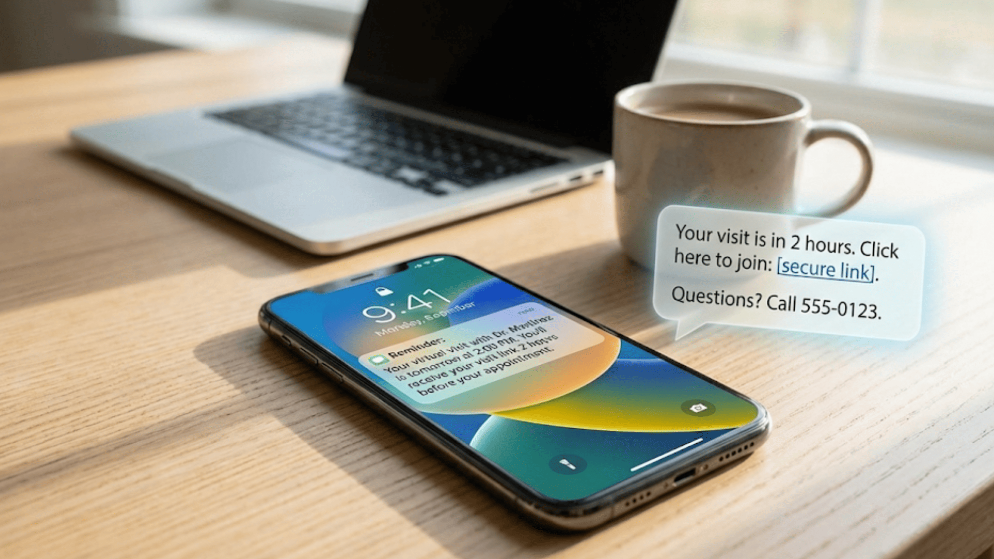 Smartphone displaying automated telehealth appointment reminder text message with visit link and instructions