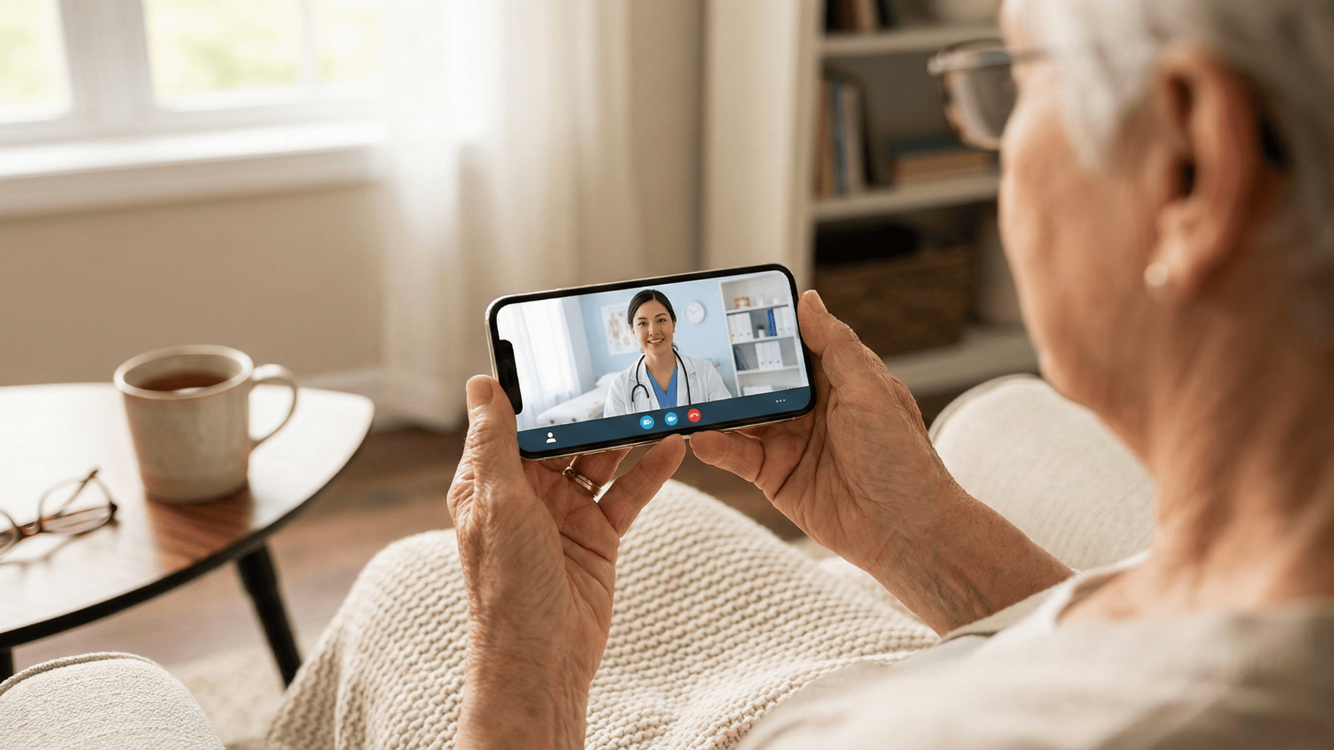 Elderly patient using smartphone for HIPAA-compliant telehealth consultation at home