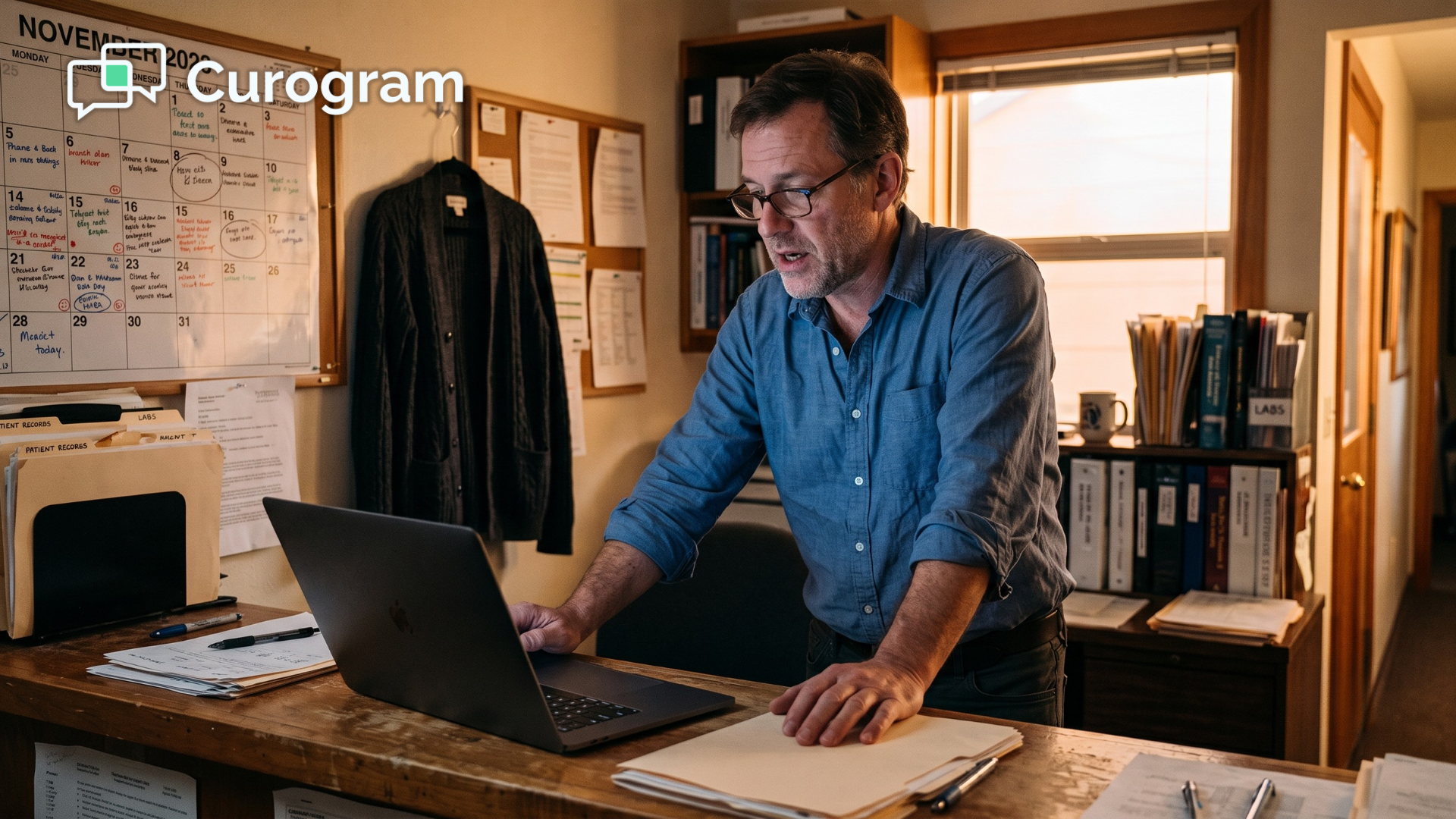Physician starting a secure video visit in a small Office Ally practice at dusk