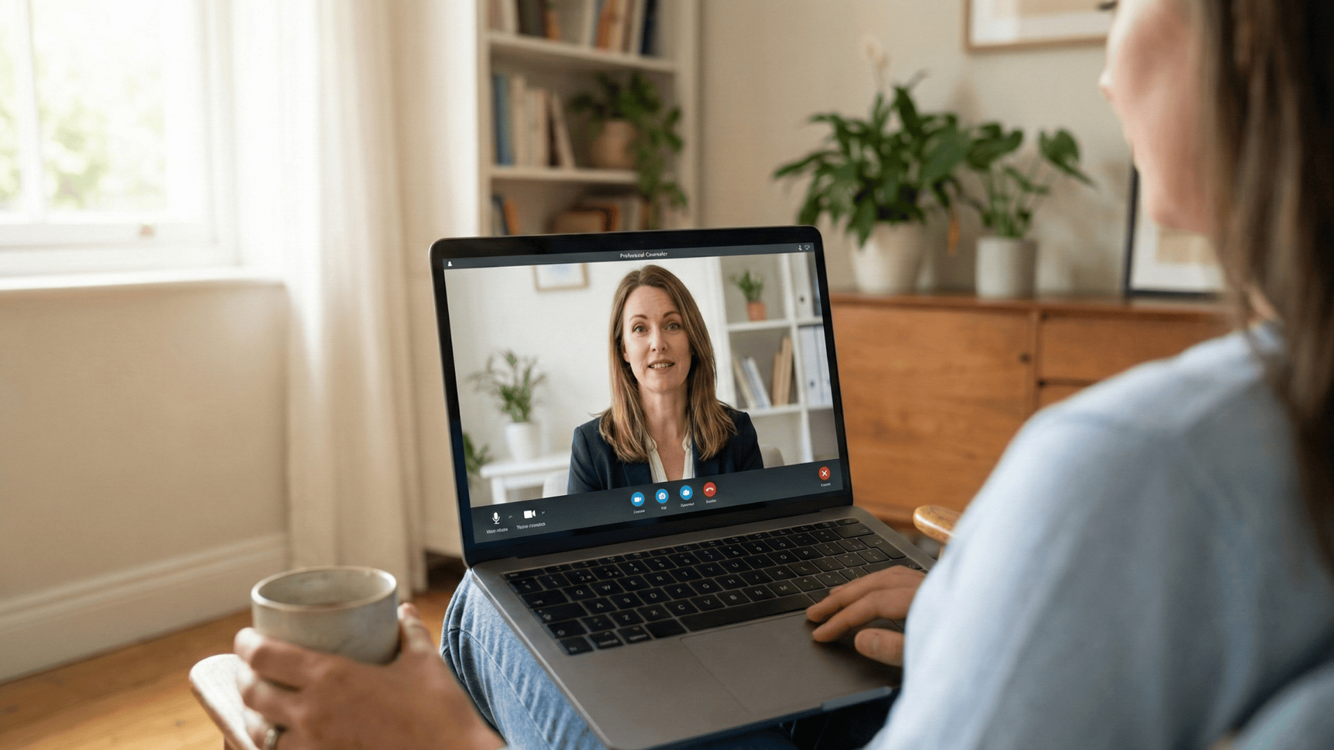 Woman attending secure telehealth counseling from home
