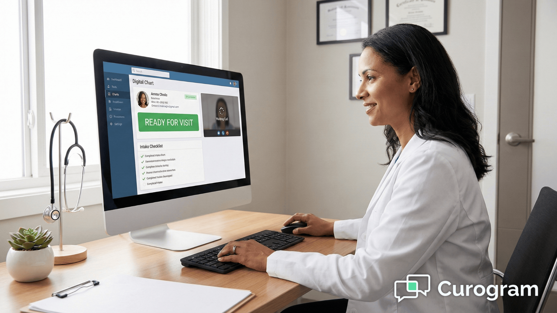 Provider ready for a CureMD telehealth visit with patient intake forms already completed