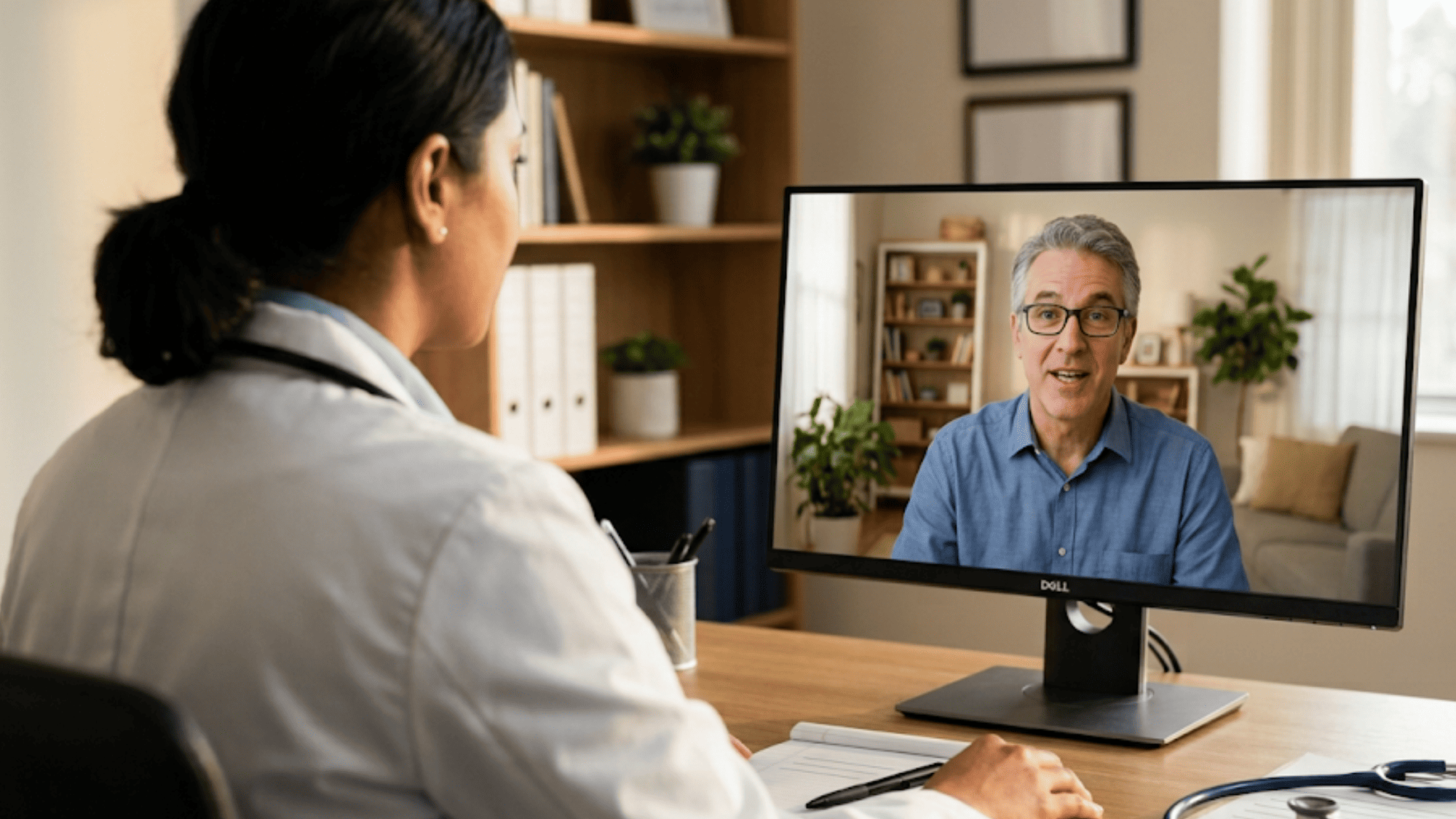 Physician at a clinic desk conducting a telemedicine video visit with a patient at home on screen