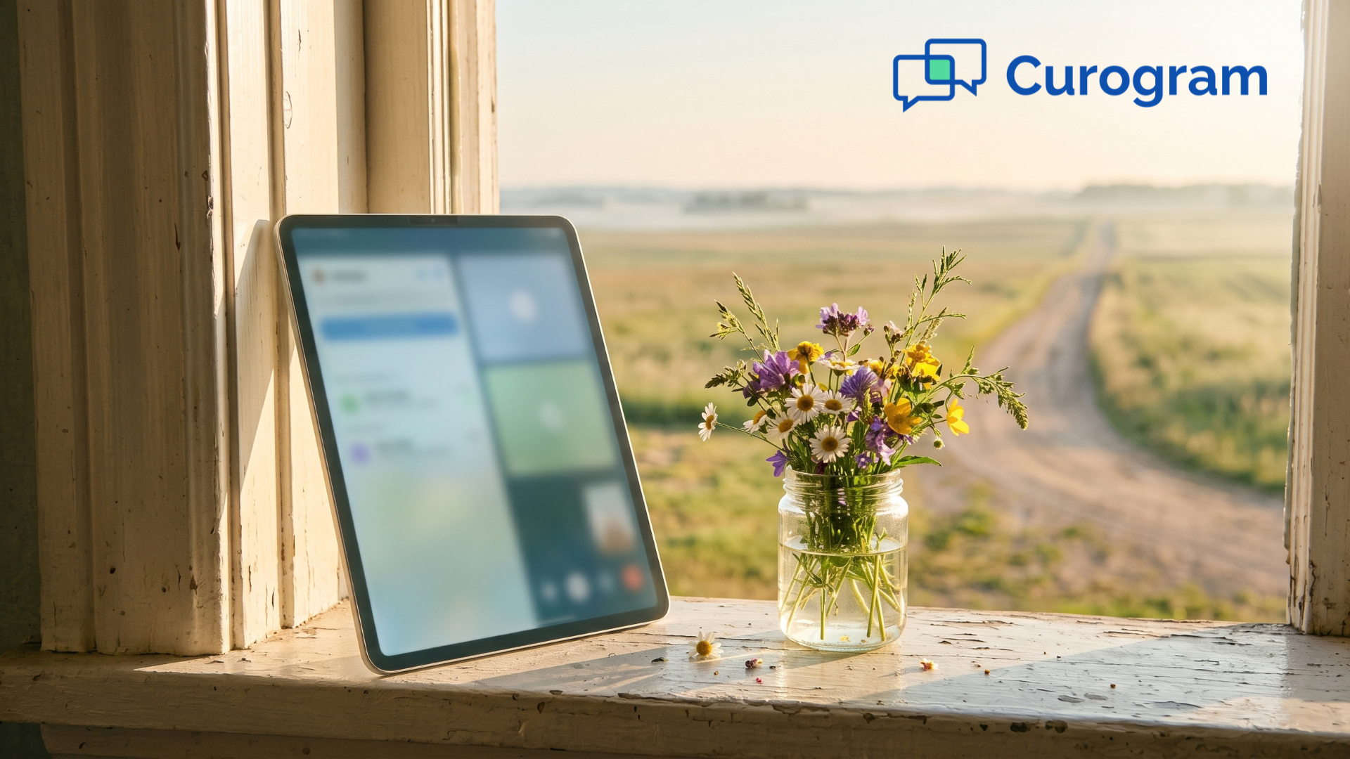 Tablet on a farmhouse windowsill showing a telehealth video screen above rural fields