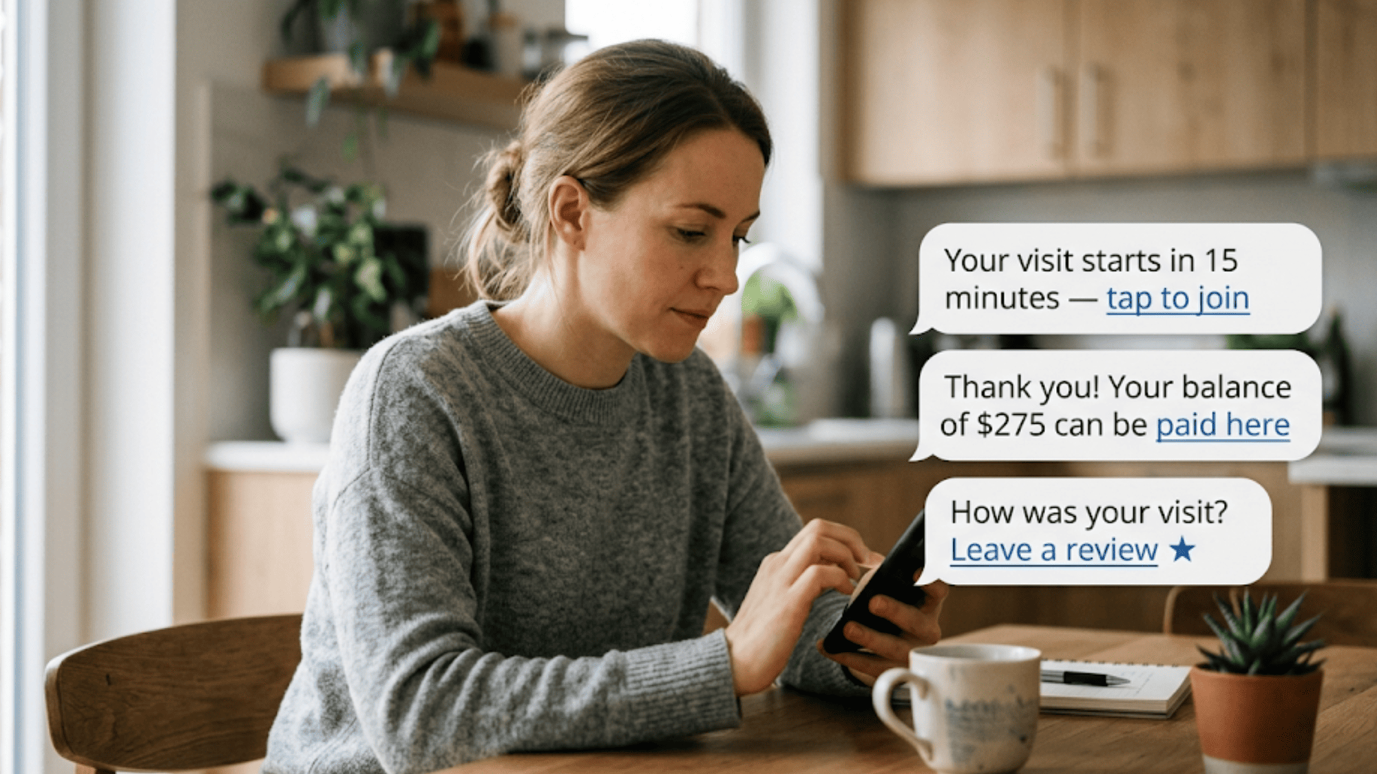 Patient receiving reminder, payment, and review texts in one thread