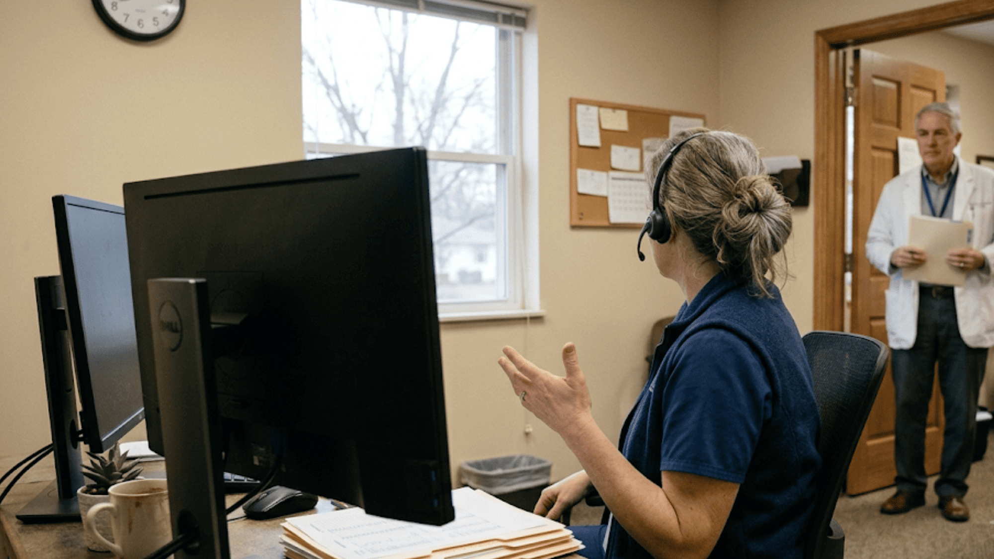 Clinician conducting a telemedicine visit while a colleague waits at the office doorway