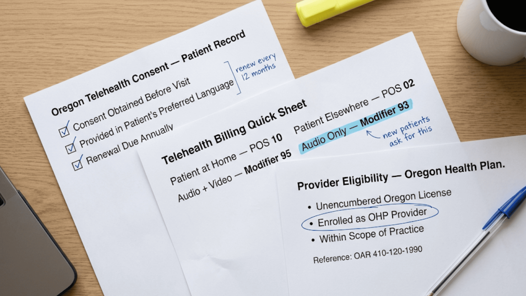 Printed Oregon telemedicine compliance documents showing POS codes, modifiers, and consent requirements