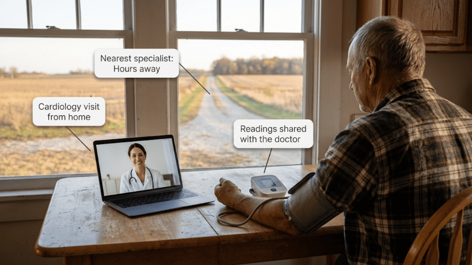 Older man in a rural kitchen on a telemedicine video visit with a cardiologist, wearing a blood pressure cuff