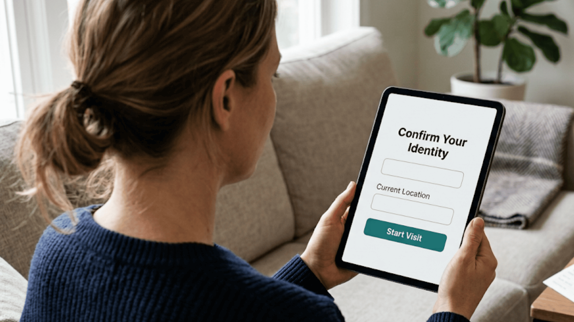 Patient confirming her identity and location on a tablet before a Tennessee telemedicine visit