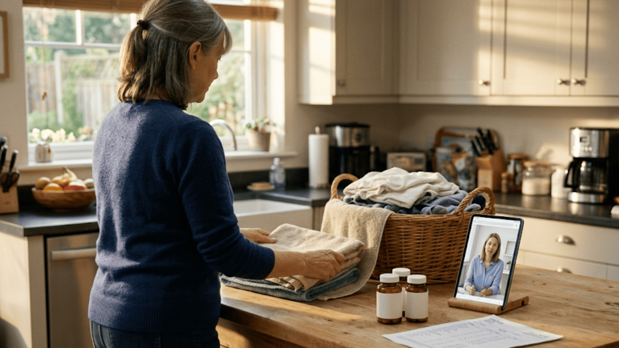 Woman joining a telehealth appointment from her kitchen with supplement bottles and lab results nearby
